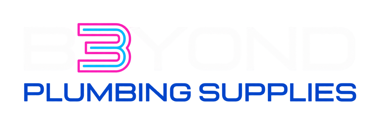 A digital logo for 'Beyond Plumbing Supplies' featuring a stylized number 3 in pink and blue outlines above the words 'PLUMBING SUPPLIES' in blue, set against a solid white background.