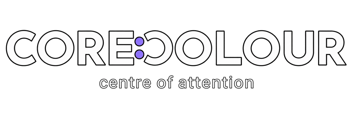 A logo-style graphic reading 'CORECOLOUR' with a stylized 'O' made of two purple dots, and the words 'centre of attention' underneath on a white background.