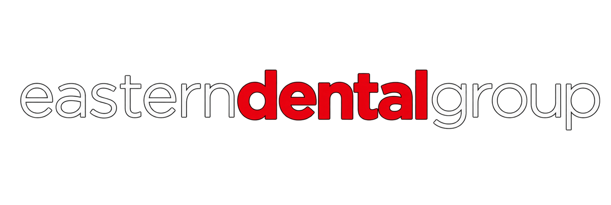 The logo for 'eastern dental group' is shown on a plain white background, with 'eastern' and 'group' in thin gray outline font and 'dental' in solid red font.