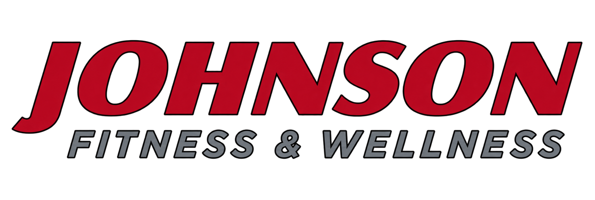 A logo-style graphic reading 'JOHNSON FITNESS & WELLNESS' on a white background, with 'JOHNSON' in large red letters and 'FITNESS & WELLNESS' in smaller gray letters with a dark outline.