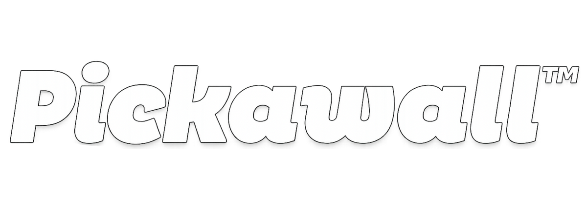 The wordmark 'Pickawall' with a trademark symbol, shown in white outlined lettering on a black background.