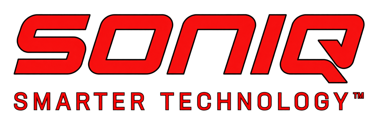 Red and black SONIQ logo with the tagline 'SMARTER TECHNOLOGY' on a white background.