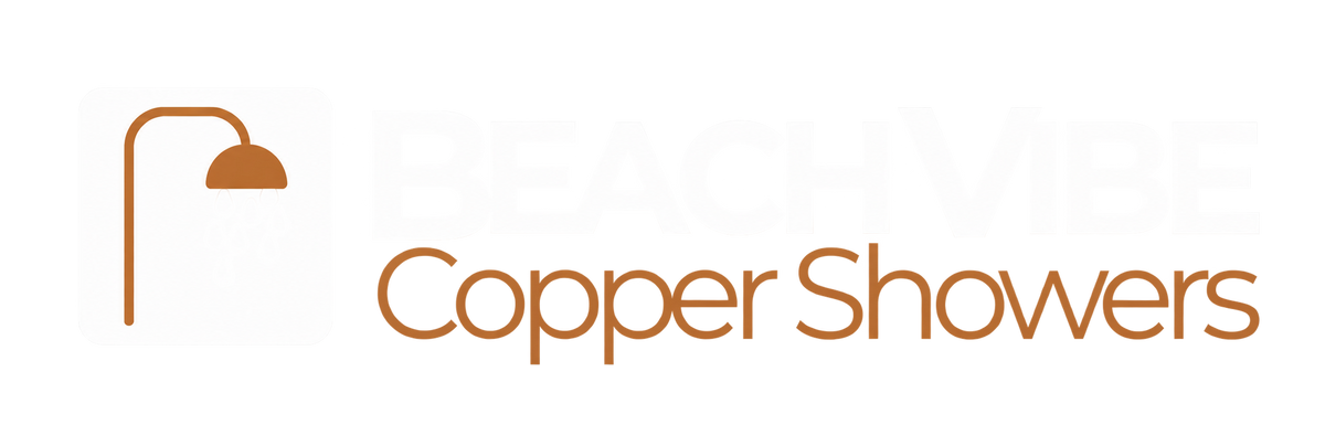 A minimalist orange graphic on a white background featuring a stylized faucet icon and the text 'Copper Showers'.