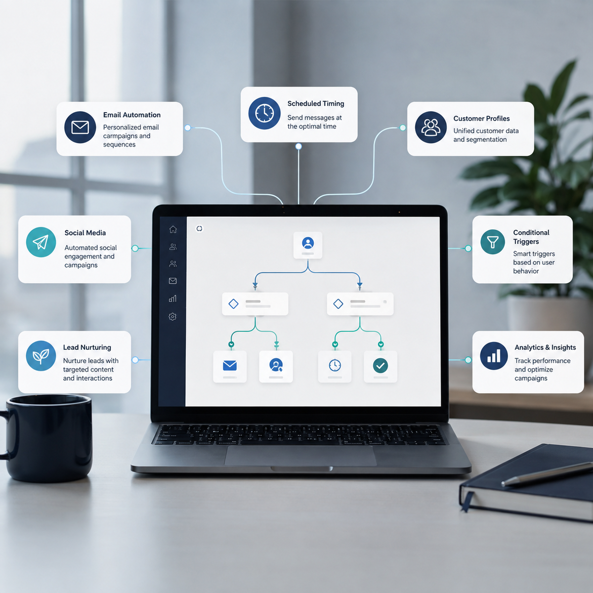 A laptop on a desk displaying an email marketing automation workflow, surrounded by floating feature callouts such as email automation, scheduled timing, customer profiles, social media, lead nurturing, conditional triggers, and analytics. A coffee mug, notebook, and blurred office background complete the scene.