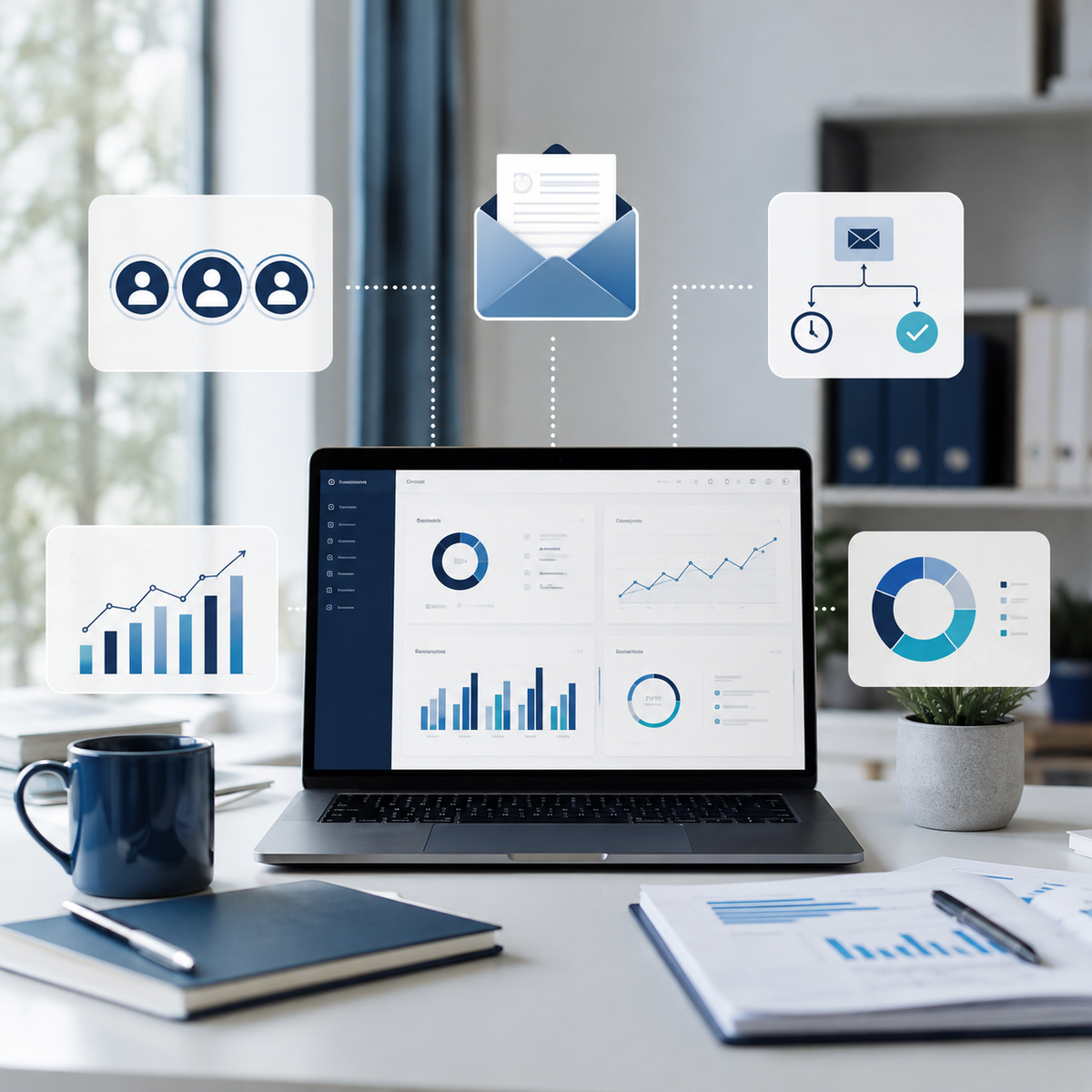 A laptop on a desk displaying blue analytics charts and graphs, surrounded by floating app-style icons for contacts, email, workflow, and reports in a bright office setting.